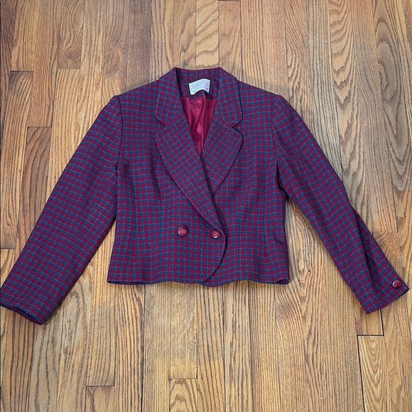 Vintage Pendleton Houndstooth Wool Crop Blazer Jacket Blue  Red Sz 8 Petite - Picture 2 of 14